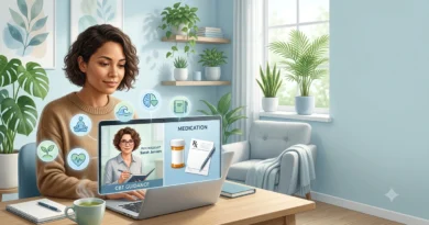 Therapist explaining therapy and medication options for effective stress treatment during an online counselling session.