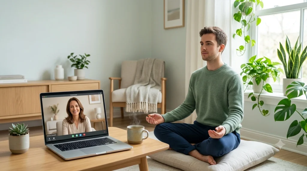 Person practising mindfulness meditation to reduce depression symptoms with guidance from an online therapist.