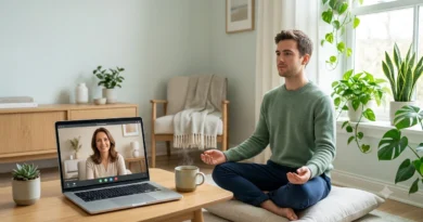 Person practising mindfulness meditation to reduce depression symptoms with guidance from an online therapist.