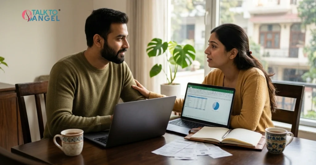 Couple discussing financial stress and finding support through online couples counselling to strengthen their relationship.