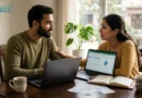 Couple discussing financial stress and finding support through online couples counselling to strengthen their relationship.