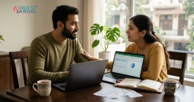 Couple discussing financial stress and finding support through online couples counselling to strengthen their relationship.