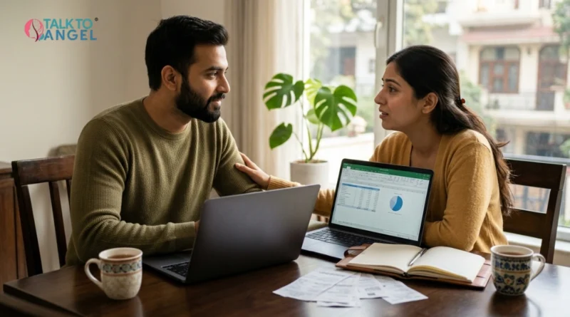 Couple discussing financial stress and finding support through online couples counselling to strengthen their relationship.