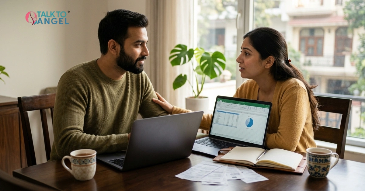 Couple discussing financial stress and finding support through online couples counselling to strengthen their relationship.