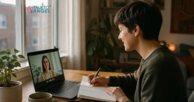 Person sitting at desk using a laptop for an online mental health session.