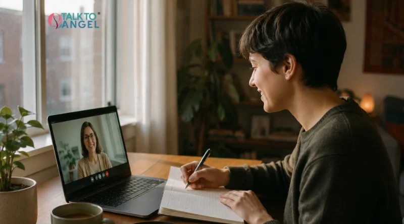 Person sitting at desk using a laptop for an online mental health session.
