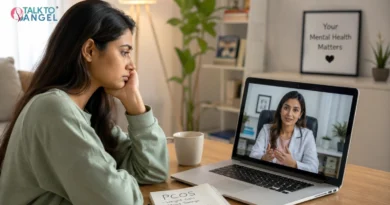 Woman consulting an online psychiatrist for PCOS-related anxiety and emotional health support from home.