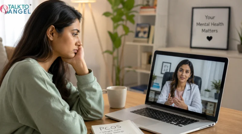 Woman consulting an online psychiatrist for PCOS-related anxiety and emotional health support from home.