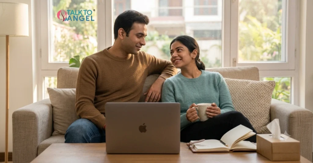 Couple discussing trust and healing after infidelity during an online therapy session.
