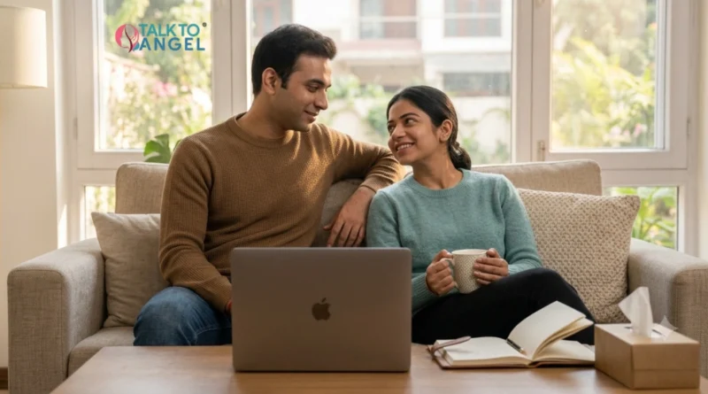 Couple discussing trust and healing after infidelity during an online therapy session.