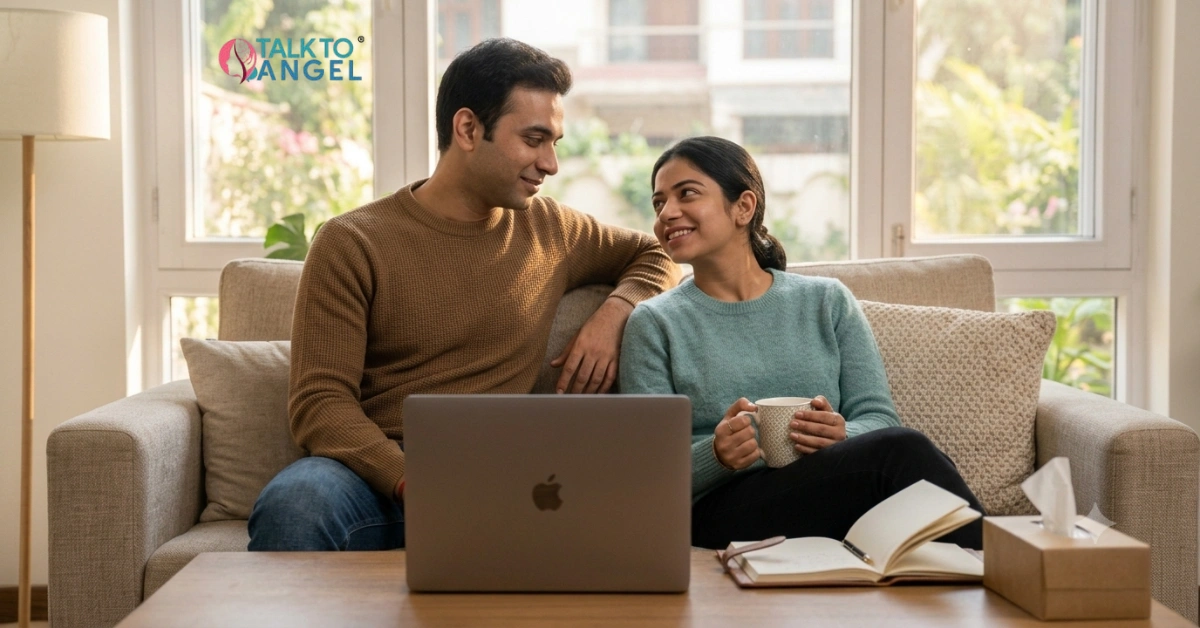 Couple discussing trust and healing after infidelity during an online therapy session.