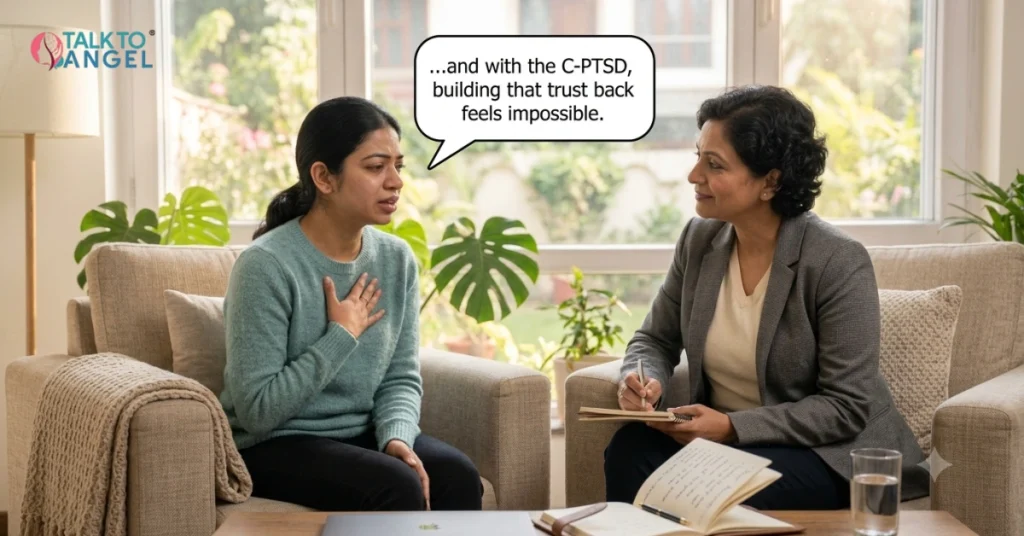 Woman discussing trust issues and C-PTSD with a therapist during a supportive therapy session.