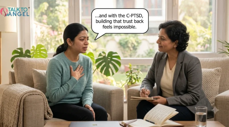 Woman discussing trust issues and C-PTSD with a therapist during a supportive therapy session.