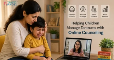 Parent helping a child manage tantrums with support from an online counselor