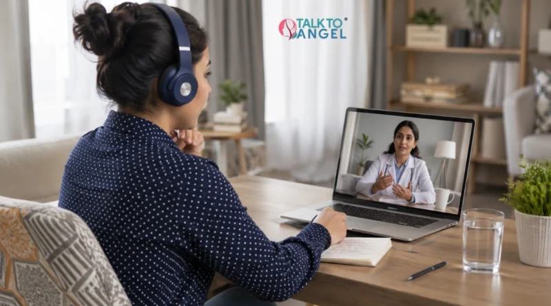 Online psychiatrist consultation with a patient receiving professional mental health support from home.
