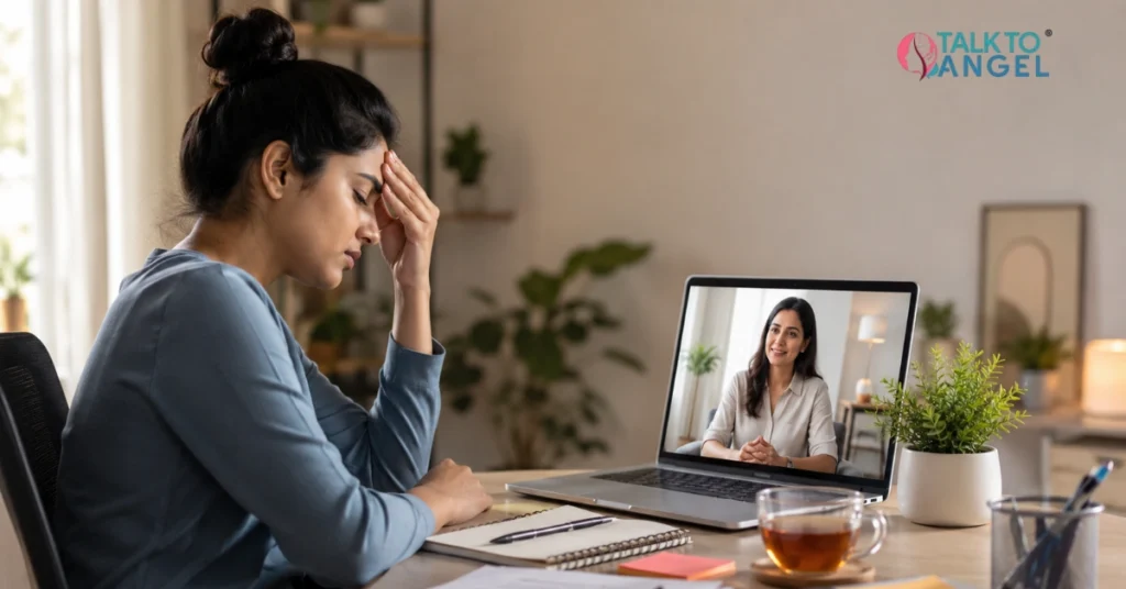 Person experiencing a stress headache while receiving online counselling support through a virtual therapy session.