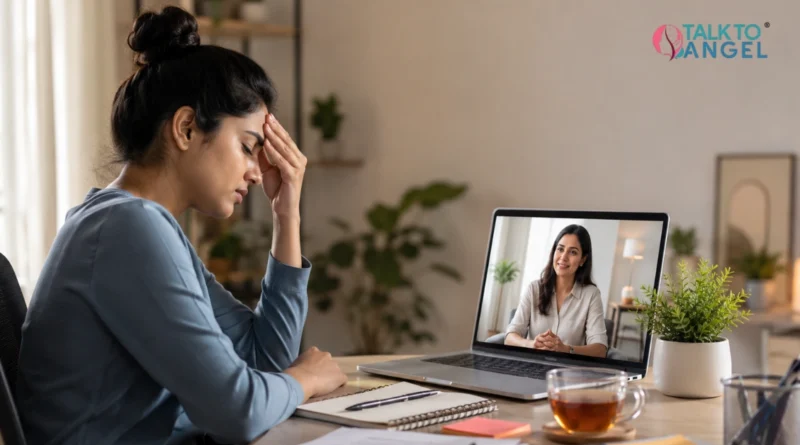Person experiencing a stress headache while receiving online counselling support through a virtual therapy session.