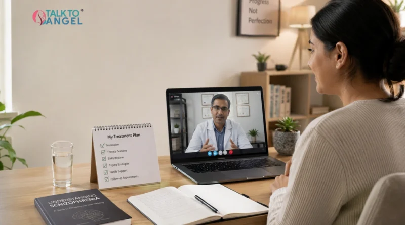 Online psychiatrist providing schizophrenia care and treatment support through a virtual consultation.