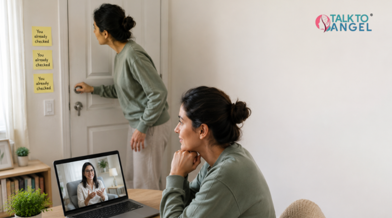 Person struggling with OCD compulsive checking during an online therapy session with a licensed mental health therapist.