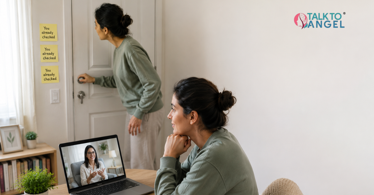 Person struggling with OCD compulsive checking during an online therapy session with a licensed mental health therapist.
