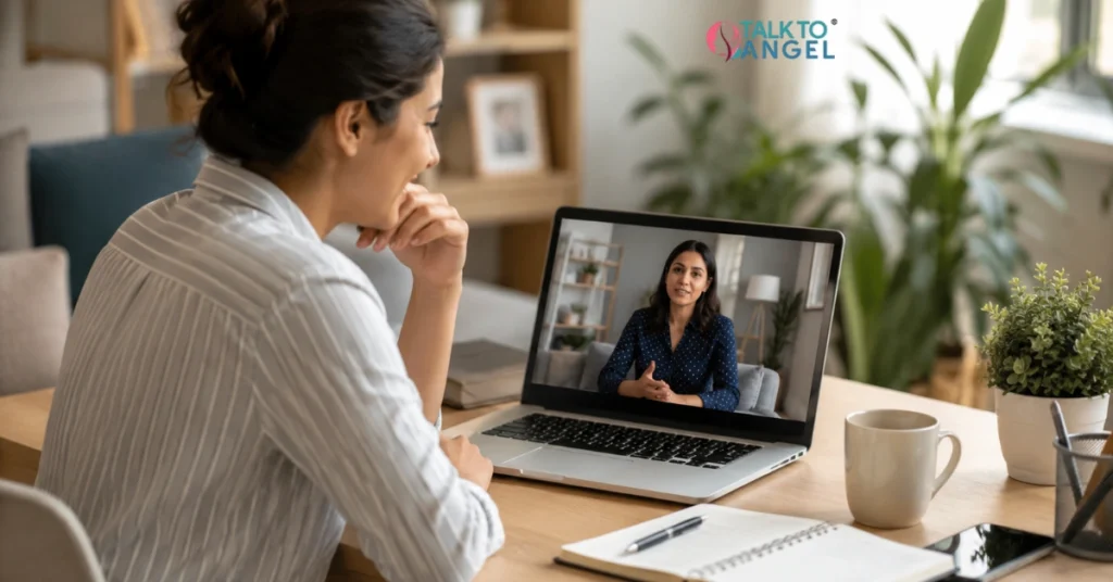 Busy adult attending an online mental health counselling session from home with a therapist
