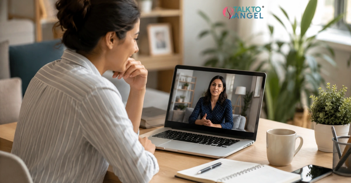 Busy adult attending an online mental health counselling session from home with a therapist