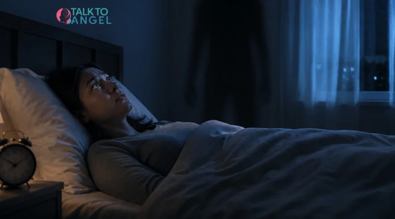 Person experiencing sleep paralysis while lying awake in bed at night