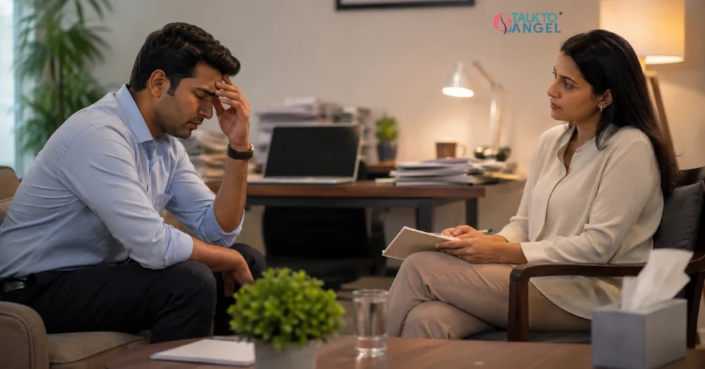 Counsellor helping an employee manage workplace burnout and emotional exhaustion through therapy.