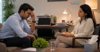 Counsellor helping an employee manage workplace burnout and emotional exhaustion through therapy.