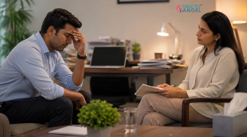 Counsellor helping an employee manage workplace burnout and emotional exhaustion through therapy.