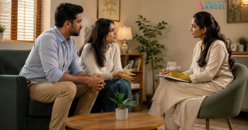 Indian couple discussing relationship concerns during a couple therapy session
