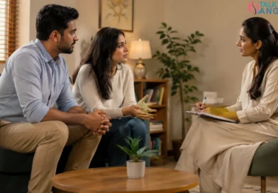 Indian couple discussing relationship concerns during a couple therapy session