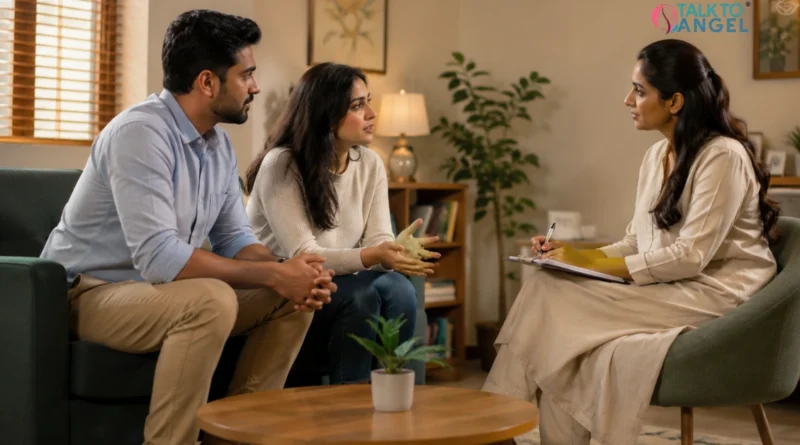 Indian couple discussing relationship concerns during a couple therapy session