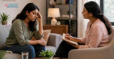 Depressed person talking with a therapist during an depression counselling session for emotional support.