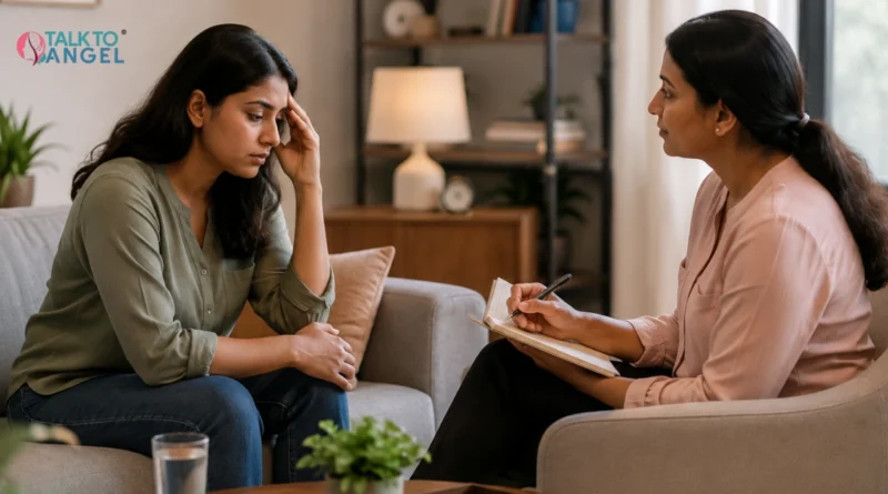 Depressed person talking with a therapist during an depression counselling session for emotional support.