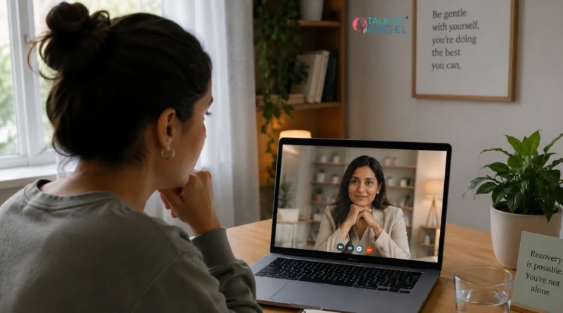 Person speaking with a therapist during an eating disorder treatment consultation focused on recovery.