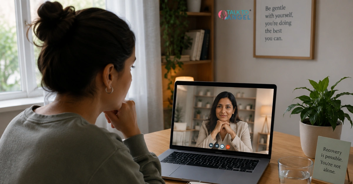 Person speaking with a therapist during an eating disorder treatment consultation focused on recovery.