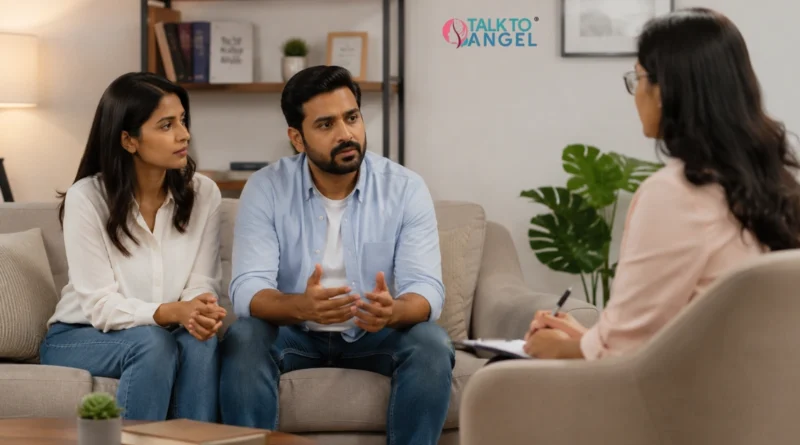 Couple discussing relationship concerns with a couples counselor during a supportive couples therapy session.