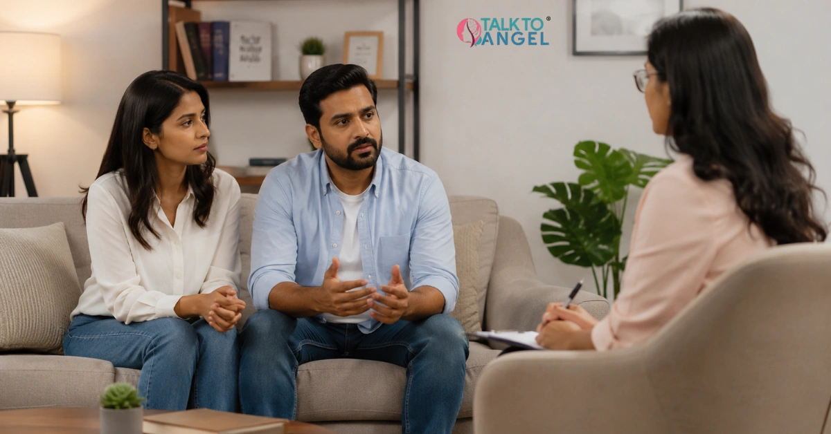 Couple discussing relationship concerns with a couples counselor during a supportive couples therapy session.