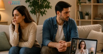 Couple struggling with communication during an online therapy session
