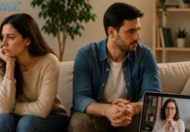 Couple struggling with communication during an online therapy session
