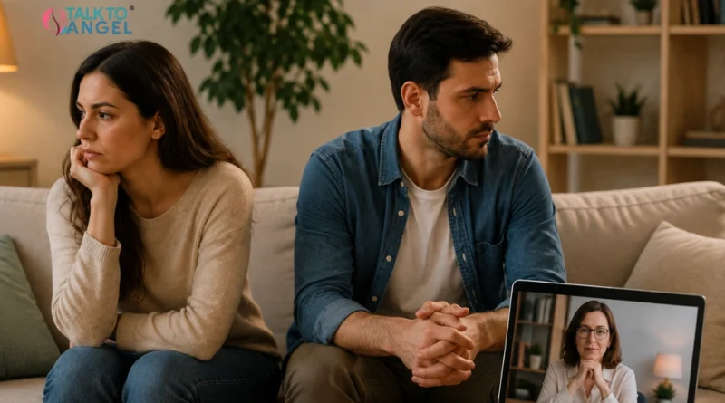 Couple struggling with communication during an online therapy session