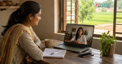 Person in a rural area accessing online depression therapy through a laptop from home.
