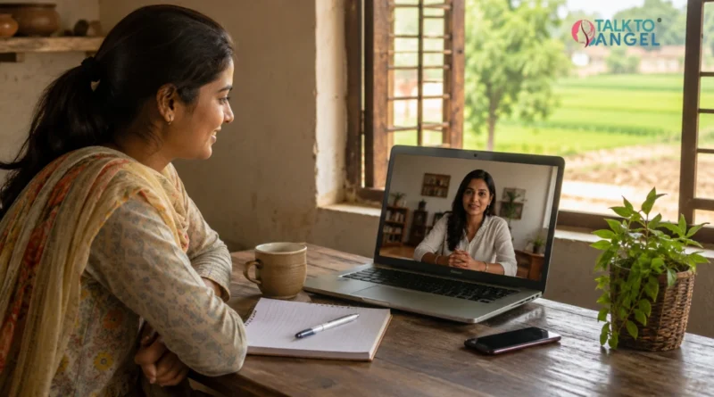 Person in a rural area accessing online depression therapy through a laptop from home.