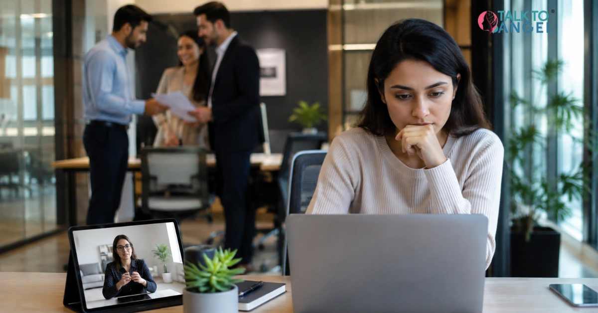 Person struggling with low self-esteem and career self-doubt during work