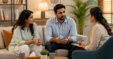 Couple discussing marriage conflicts with a counsellor during a therapy session.