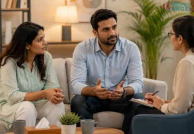 Couple discussing marriage conflicts with a counsellor during a therapy session.