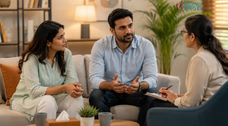 Couple discussing marriage conflicts with a counsellor during a therapy session.