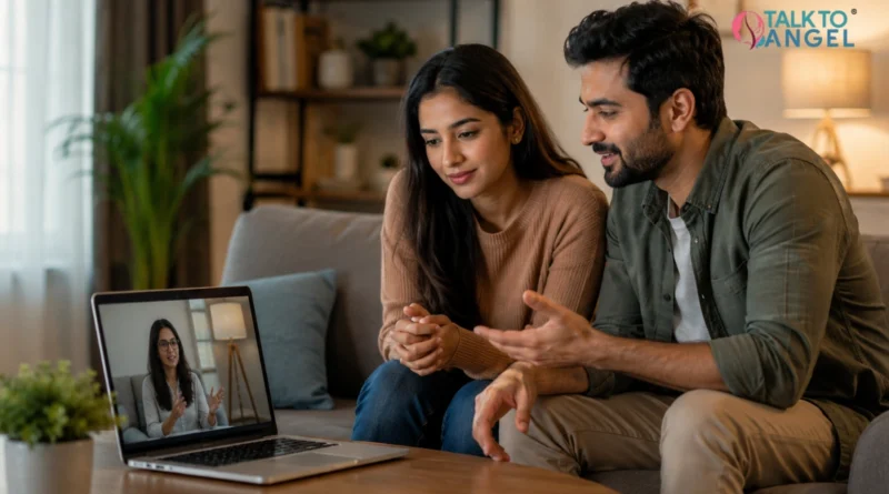 Couple discussing relationship concerns during an online couples therapy session