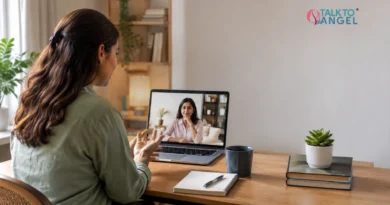 Online therapy session with a therapist providing mental health support through video consultation.